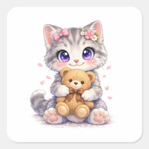 Autocollant carré de chaton mignon qui étreint un 