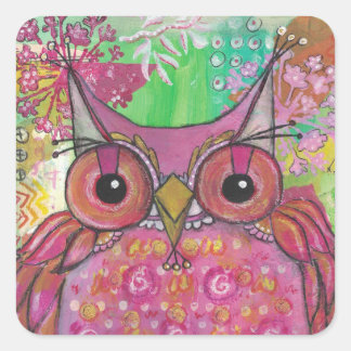 Autocollant Carré de Chouette rose