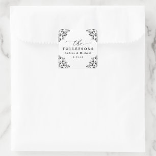 Autocollant carré de mariage élégant noir et blanc