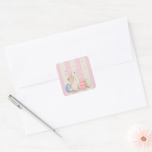 Autocollant carré de Pâques pastel de lapin mignon