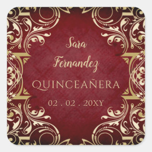 Autocollant carré élégant Quinceanera or rouge rus