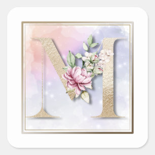 Autocollant carré floral bordeaux à monogramme M