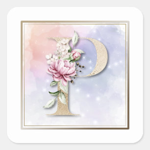 Autocollant carré floral bordeaux Monogramme P