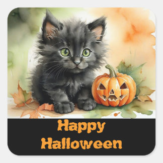 Autocollant carré Halloween de chaton noir mignon