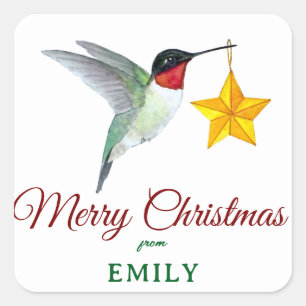 Autocollant carré personnalisé Joyeux Noël colibri