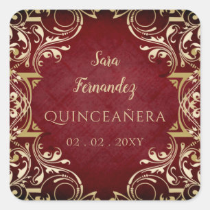 Autocollant Carré rustique Quinceanera or rouge