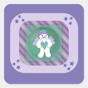 Autocollant carré violet Bonhomme de neige ange de