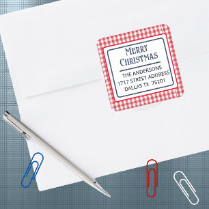 Autocollant d'adresse à carreaux Gingham « Joyeux 