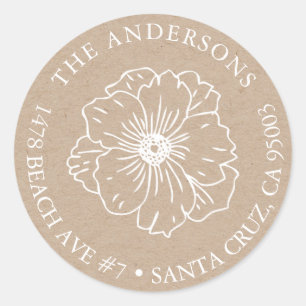 Autocollant d'adresse papier Kraft avec fleur