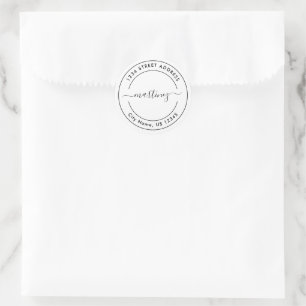 Autocollant d'adresse rond blanc noir minimaliste 
