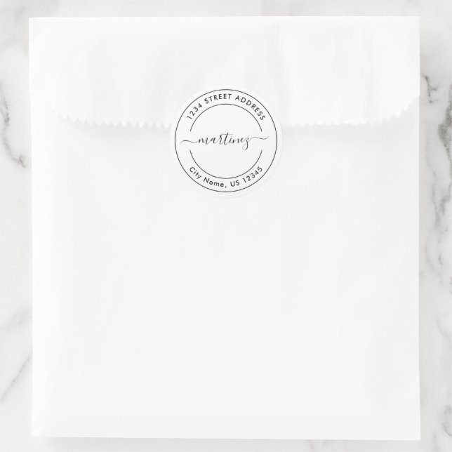 Autocollant d'adresse rond blanc noir moderne mini (Sac)