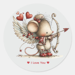 Autocollant d'amour de souris Cupidon à l'aquarell