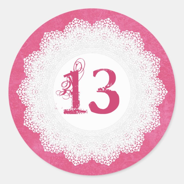 Autocollant d'anniversaire 13 ans rose et dentelle (Devant)