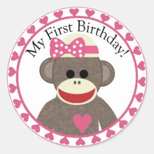 Autocollant d'anniversaire de fille de singe de
