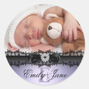 Autocollant d'annonce de naissance photo violet av