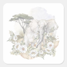 Autocollant d'aquarelle Eléphant & Fleurs blanches