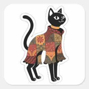 Autocollant d'art folklorique félin Boho Patchwork