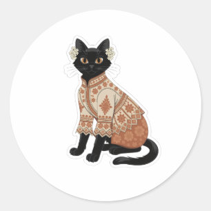 Autocollant d'art populaire de chat floral en terr