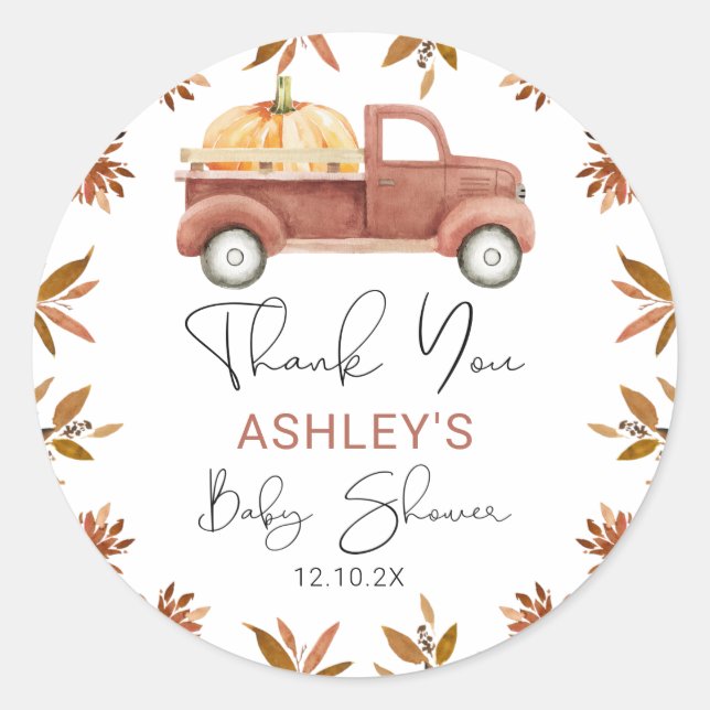 Autocollant de Baby shower de camion Citrouille Br (Devant)