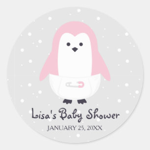 Autocollant de baby shower de pingouin de roses