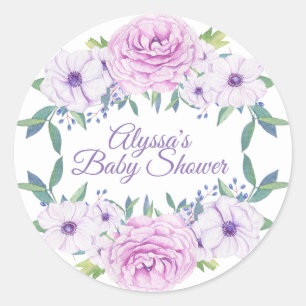 Autocollant de Baby Shower Floral Lilas Violet Bla
