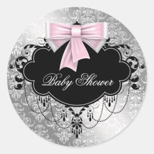 Autocollant de Baby Shower Rose Noir Damassé