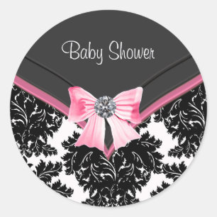 Autocollant de Baby Shower Rose Noir Damassé