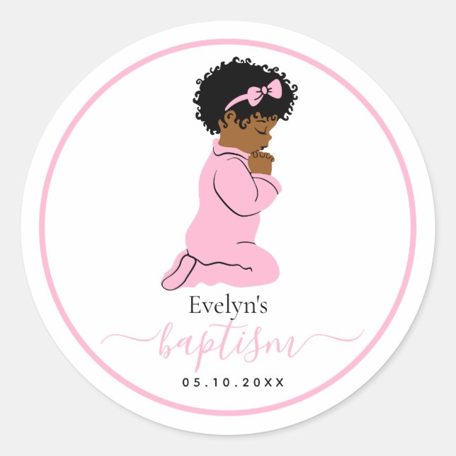 Autocollant de baptême – Bébé fille noire priant (Devant)