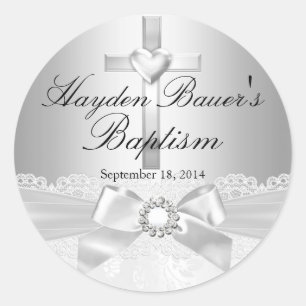 Autocollant de baptême croix et noeud en dentelle