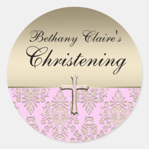 Autocollant de baptême en damas rose et or