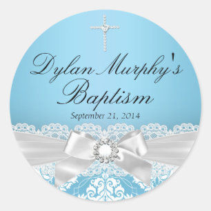Autocollant de baptême en Damassé Argent Bleu & Nœ