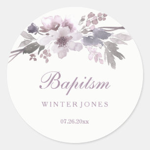 Autocollant de baptême floral violet élégant d'hiv