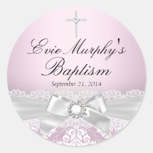 Autocollant de baptême rose argenté et damassé & n