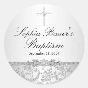 Autocollant de baptême Rose & Croix Argentée