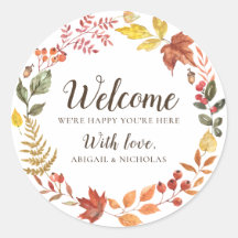 Autocollant de bienvenue pour mariage aux feuilles
