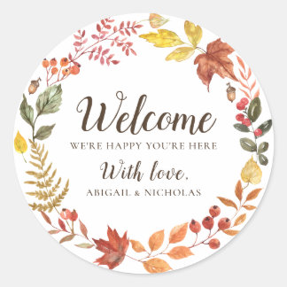 Autocollant de bienvenue pour mariage aux feuilles
