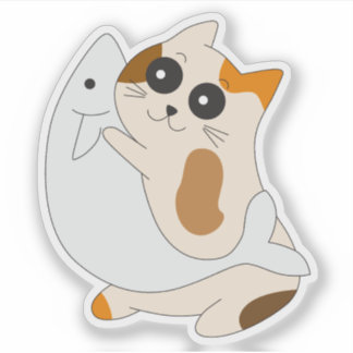 Autocollant de chat mignon ; Chaton avec poisson