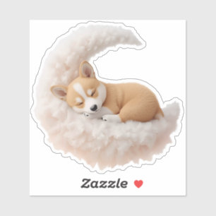 Autocollant de chiot endormi adorable sur une lune