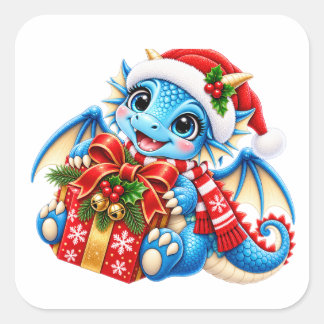 Autocollant de dragon de Noël bleu mignon