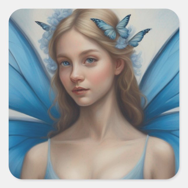 Autocollant de fée à papillon bleu généré par l'IA (Devant)