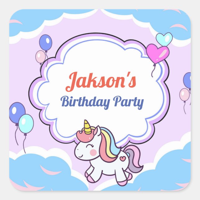 Autocollant de fête d'anniversaire mauve Unicorn/É (Devant)