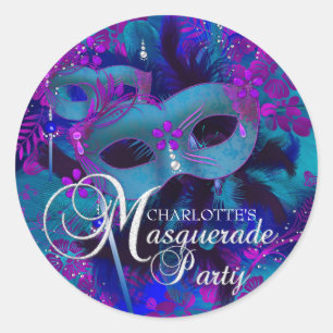Autocollant de fête masquée florale violet et sarc