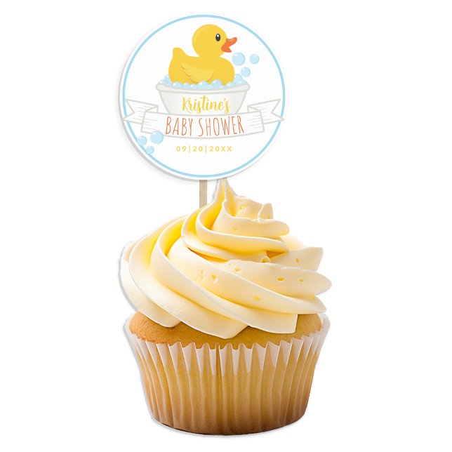 Autocollant de fête prénatale Canard en Caoutchouc (blue and yellow rubber ducky cupcake topper baby shower party favor)