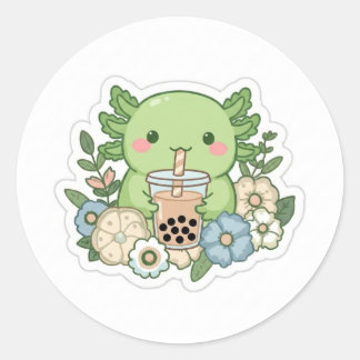 Autocollant de l'axolotl vert Kawaii mignon buvant