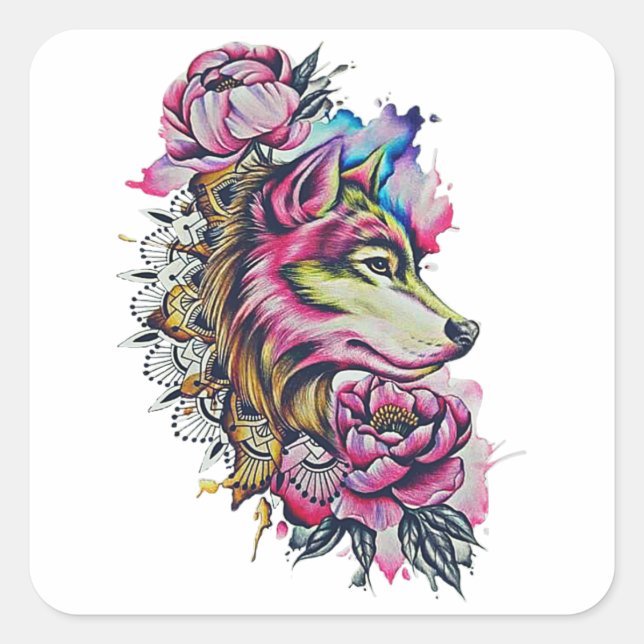 Autocollant de loup coloré (Devant)