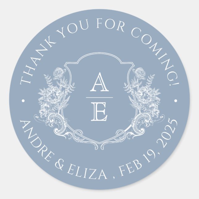 Autocollant de mariage à monogramme Dusty Blue Cre (Devant)