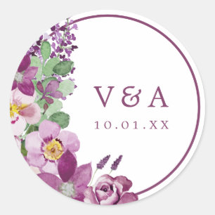 Autocollant de mariage à monogramme violet