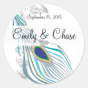 Autocollant de mariage Aqua Grey Plume de paon vi