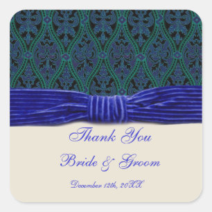autocollant de mariage en damas bleu et ruban