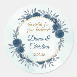 Autocollant de mariage floral bleu or élégant cerc